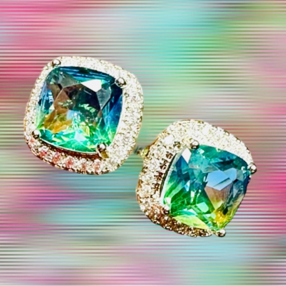 Blue Green Topaz 925 Sterling Cushion Stud Earrings CZ Halo - Picture 6 of 11